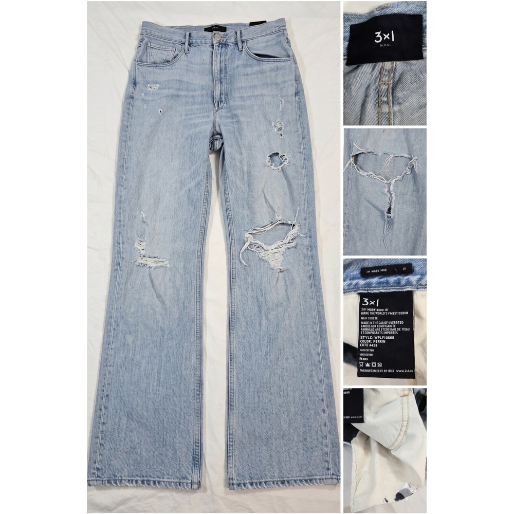 3x1 NYC Perrin Wide Leg Flare Jeans Womens 27 Made in USA‎ Thrashed Distressed